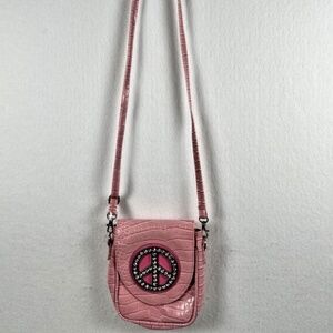 VTG Far Nine Pink Croc Embossed Faux Leather Crossbody w Rhinestone Peace Y2K